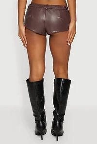 Womens Solid Faux Leather Micro Shorts, Brown, Size M