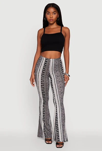 Womens Boho Border Print High Waisted Flare Leg Pants,