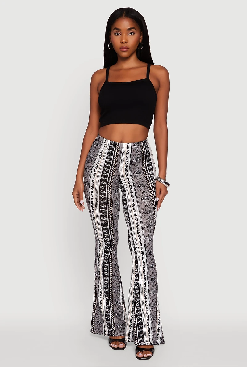 Womens Boho Border Print High Waisted Flare Leg Pants, Grey,