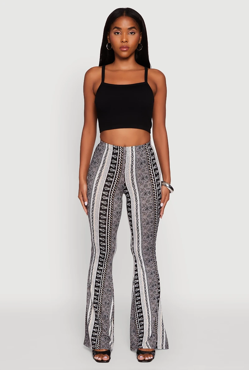Womens Boho Border Print High Waisted Flare Leg Pants, Grey,