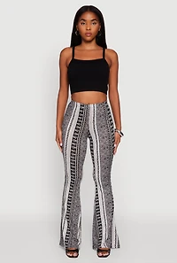 Womens Boho Border Print High Waisted Flare Leg Pants, Grey,