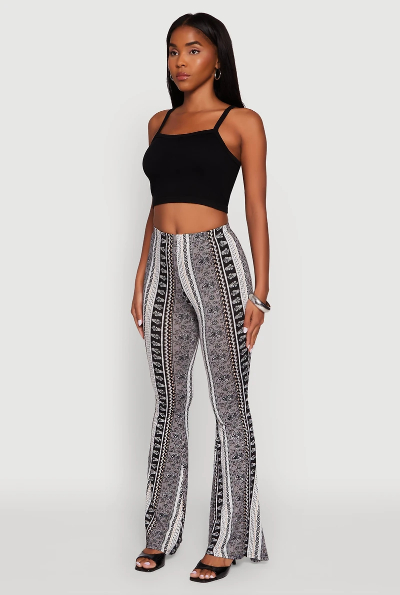 Womens Boho Border Print High Waisted Flare Leg Pants, Grey,