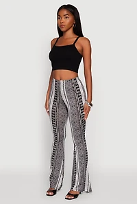 Womens Boho Border Print High Waisted Flare Leg Pants, Grey,
