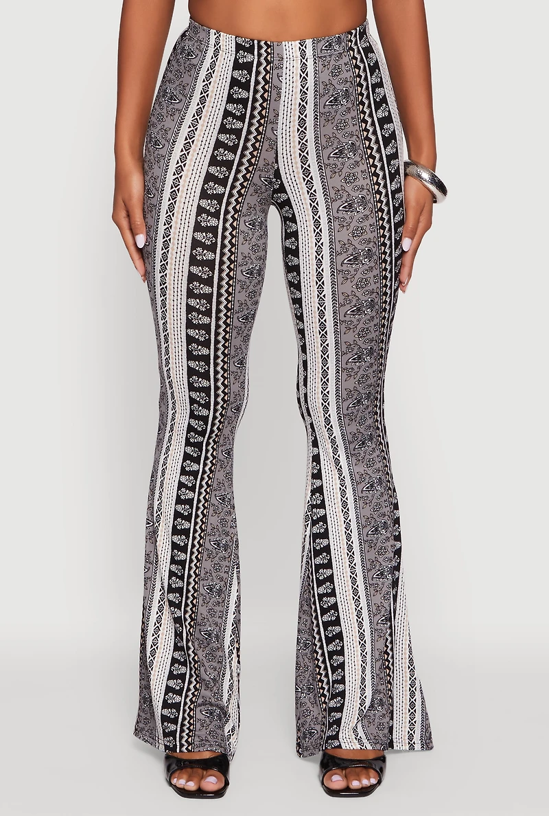 Womens Boho Border Print High Waisted Flare Leg Pants, Grey,