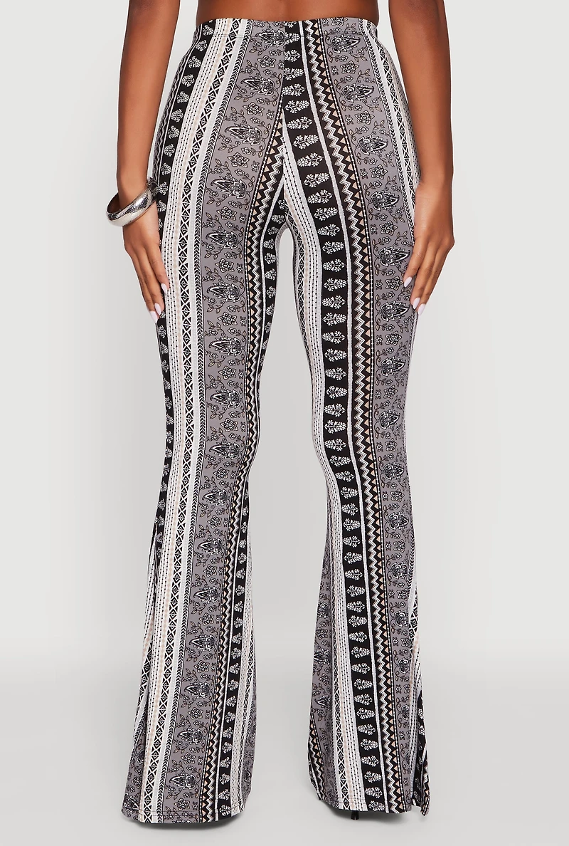 Womens Boho Border Print High Waisted Flare Leg Pants, Grey,