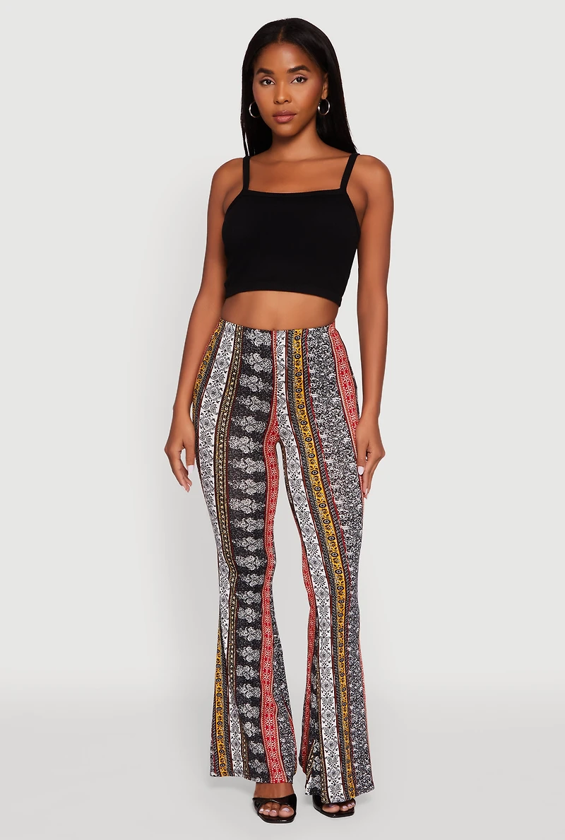 Womens Boho Border Print High Waisted Flare Leg Pants, Multi,