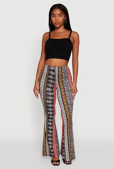 Womens Boho Border Print High Waisted Flare Leg Pants, Multi,