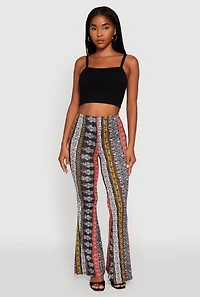 Womens Boho Border Print High Waisted Flare Leg Pants, Multi,