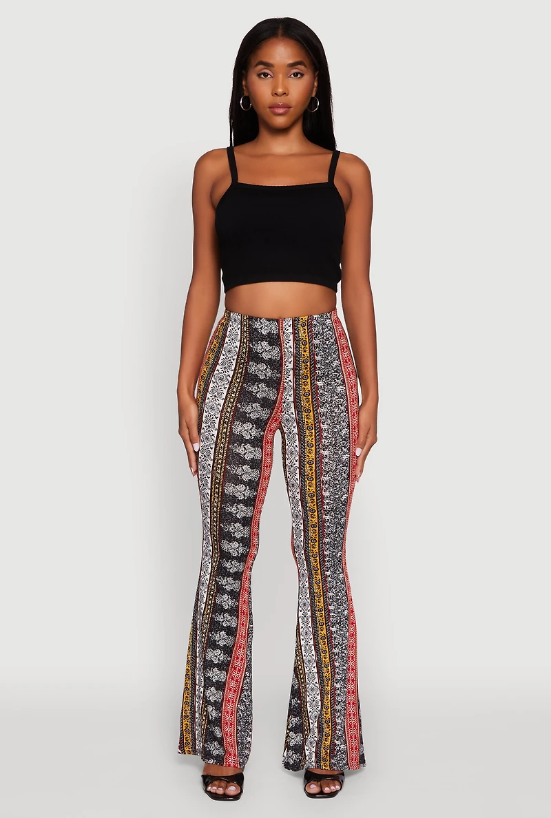 Womens Boho Border Print High Waisted Flare Leg Pants, Multi,