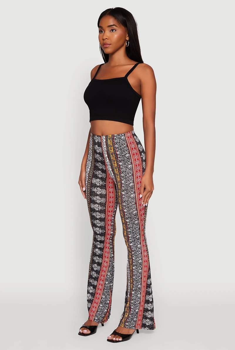 Womens Boho Border Print High Waisted Flare Leg Pants, Multi,