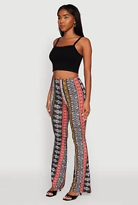 Womens Boho Border Print High Waisted Flare Leg Pants, Multi,