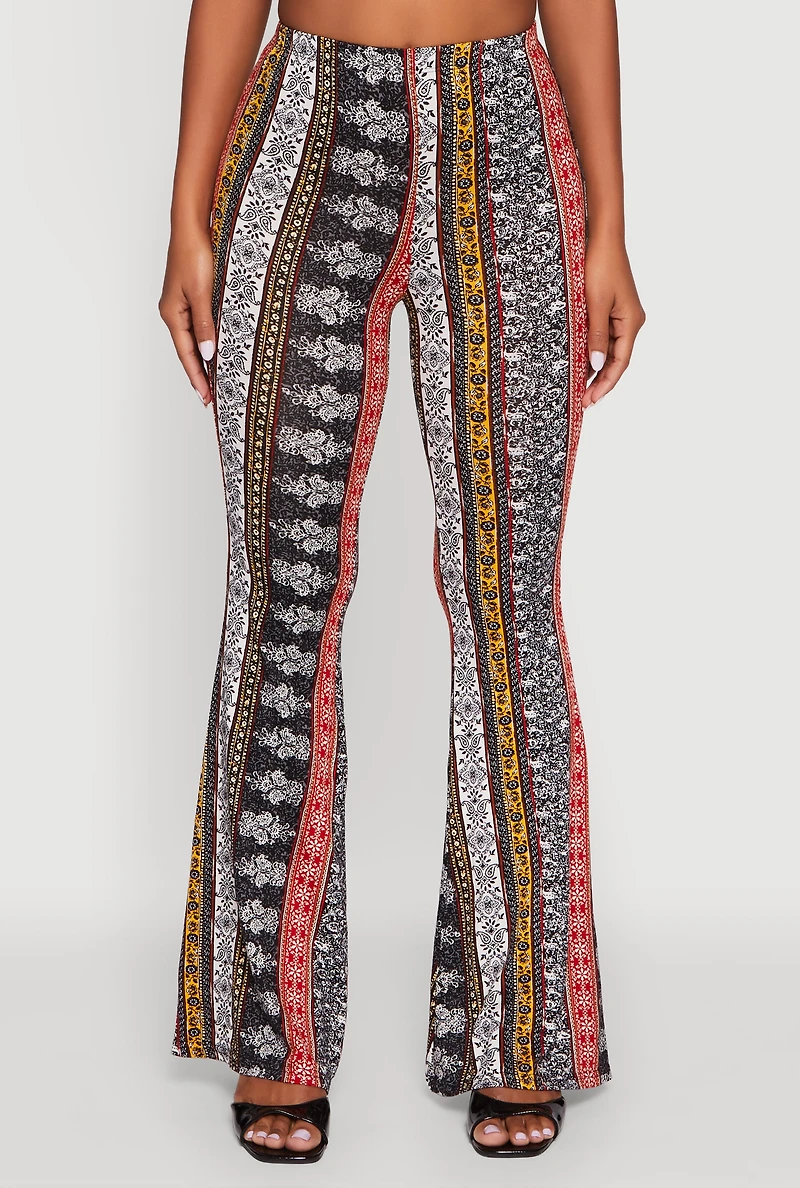 Womens Boho Border Print High Waisted Flare Leg Pants, Multi,