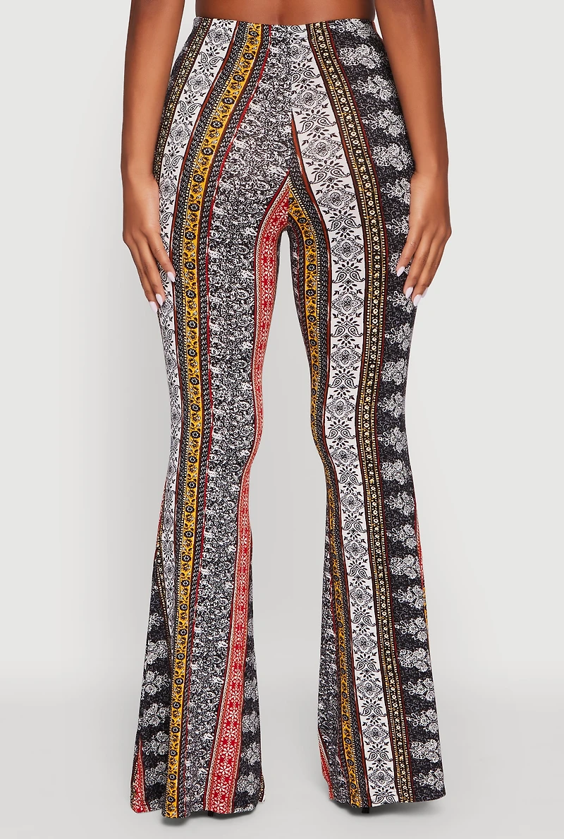 Womens Boho Border Print High Waisted Flare Leg Pants, Multi,