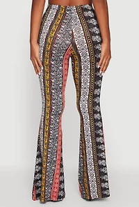 Womens Boho Border Print High Waisted Flare Leg Pants, Multi,