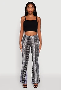 Womens Boho Border Print High Waisted Flare Leg Pants, Multi,