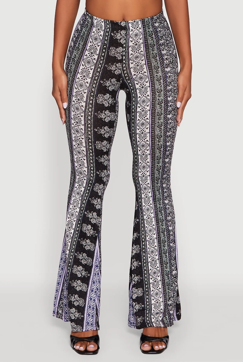 Womens Boho Border Print High Waisted Flare Leg Pants, Multi,
