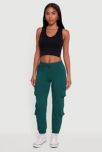 Womens High Waisted Fleece Multi Cargo Pocket Joggers, Green,