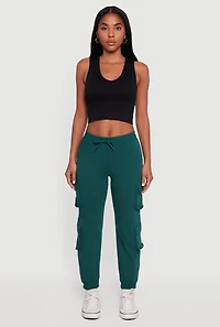 Womens High Waisted Fleece Multi Cargo Pocket Joggers, Green,
