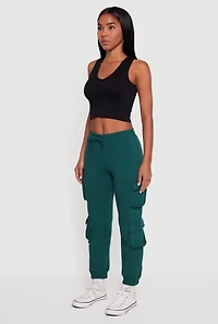 Womens High Waisted Fleece Multi Cargo Pocket Joggers, M