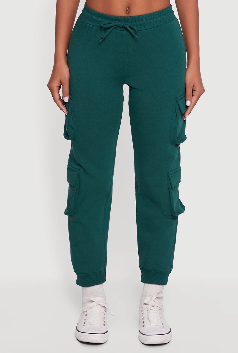 Womens High Waisted Fleece Multi Cargo Pocket Joggers, Green,