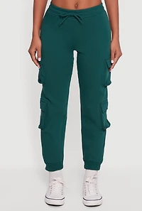 Womens High Waisted Fleece Multi Cargo Pocket Joggers, Green,