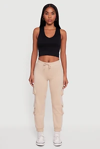 Womens High Waisted Fleece Multi Cargo Pocket Joggers, Khaki,