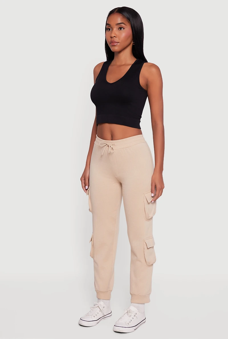 Womens High Waisted Fleece Multi Cargo Pocket Joggers, Khaki,