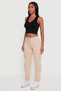 Womens High Waisted Fleece Multi Cargo Pocket Joggers, Khaki,