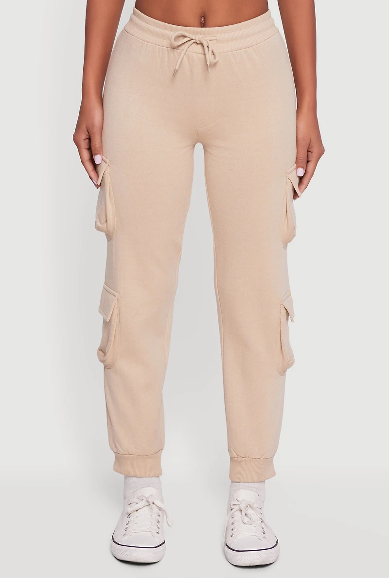 High Waisted Fleece Multi Cargo Pocket Joggers