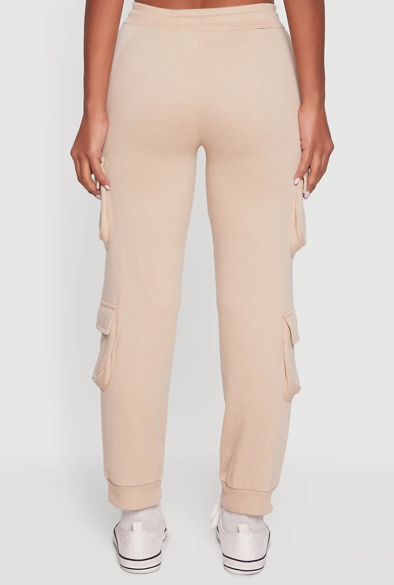 Womens High Waisted Fleece Multi Cargo Pocket Joggers, Khaki,