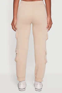 Womens High Waisted Fleece Multi Cargo Pocket Joggers, Khaki,