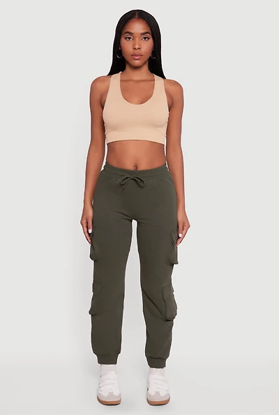 High Waisted Fleece Multi Cargo Pocket Joggers