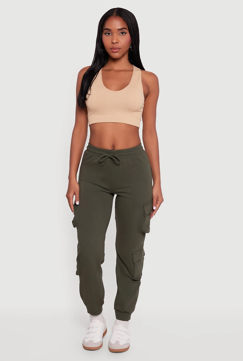 High Waisted Fleece Multi Cargo Pocket Joggers