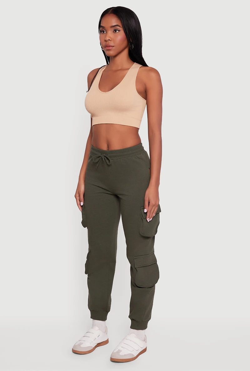 High Waisted Fleece Multi Cargo Pocket Joggers