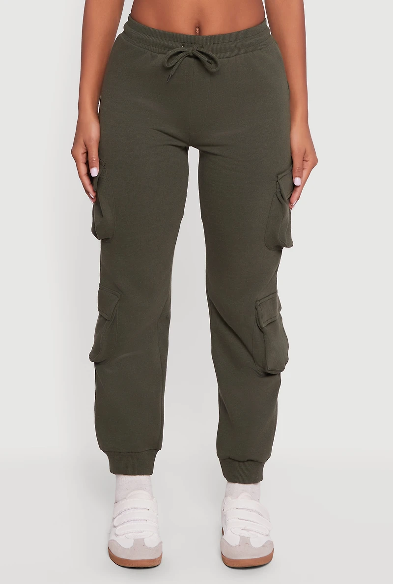 High Waisted Fleece Multi Cargo Pocket Joggers