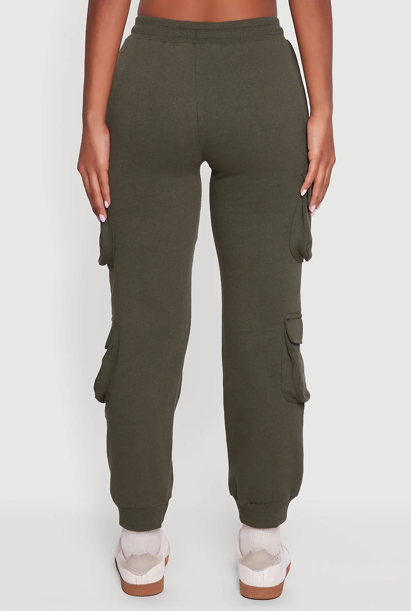 High Waisted Fleece Multi Cargo Pocket Joggers