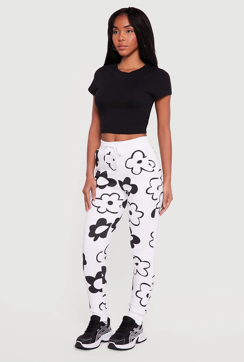 Drawstring High Waisted Floral Print Joggers
