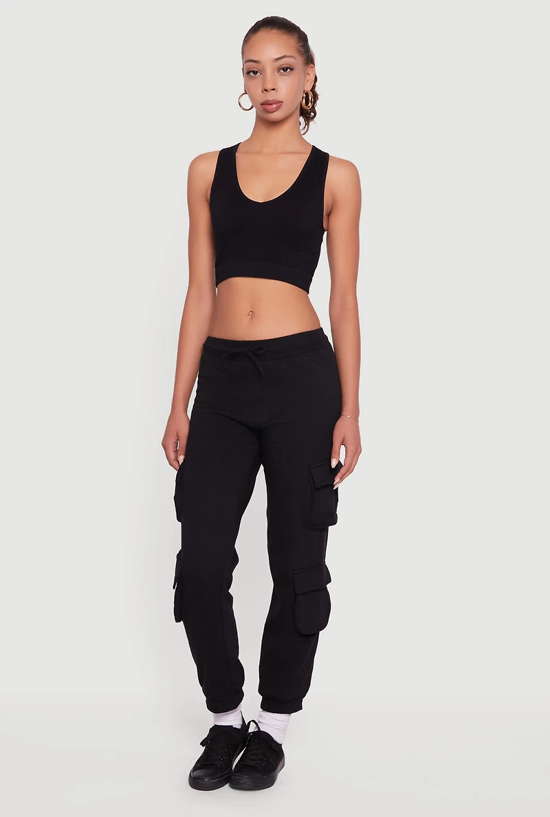Womens Fleece Lined Drawstring Waist Cargo Pocket Joggers, Black, Size M