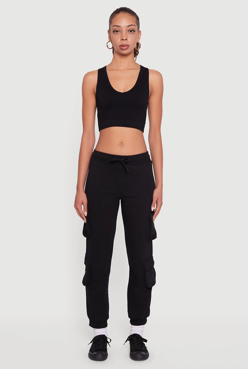 Womens Fleece Lined Drawstring Waist Cargo Pocket Joggers, Black, Size M
