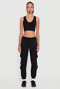 Womens Fleece Lined Drawstring Waist Cargo Pocket Joggers, Black, Size M