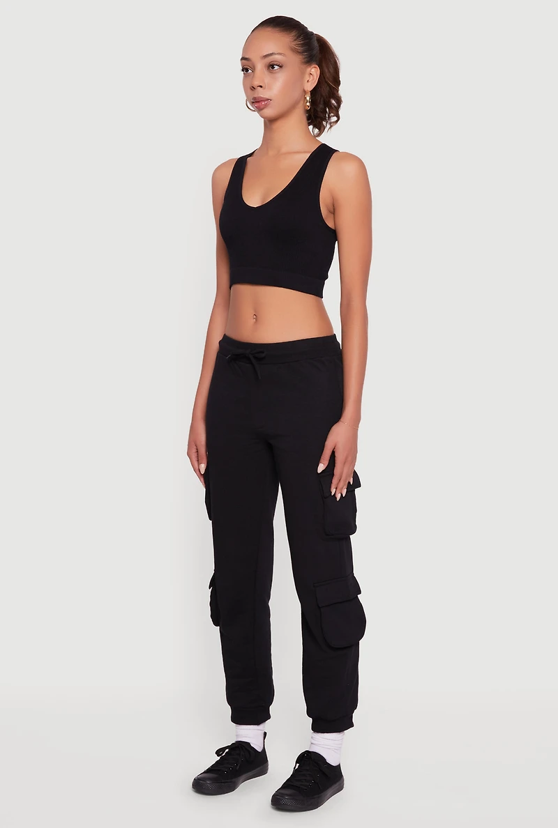 Womens Fleece Lined Drawstring Waist Cargo Pocket Joggers, Black, Size M