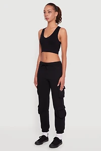 Womens Fleece Lined Drawstring Waist Cargo Pocket Joggers, Black, Size M