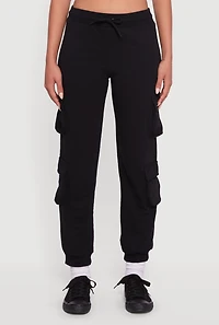 Womens Fleece Lined Drawstring Waist Cargo Pocket Joggers, Black, Size M