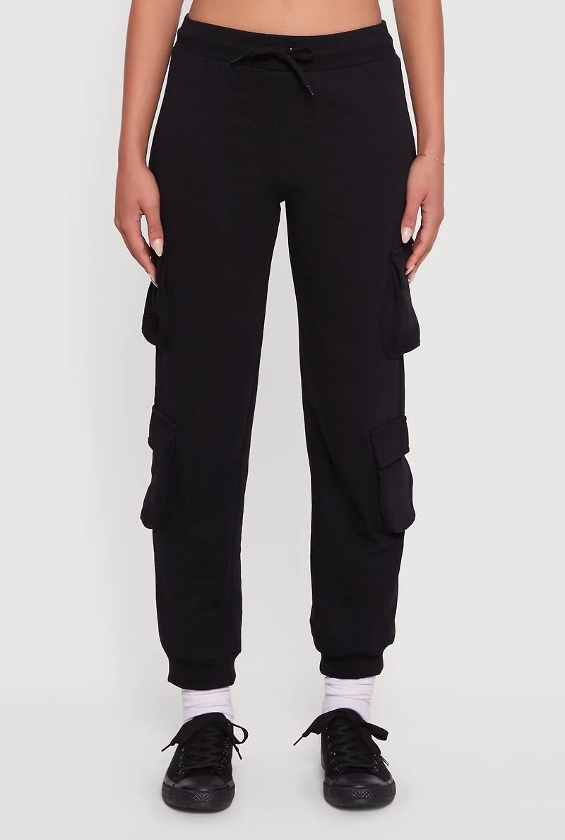 Womens Fleece Lined Drawstring Waist Cargo Pocket Joggers, Black,