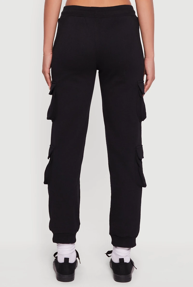 Womens Fleece Lined Drawstring Waist Cargo Pocket Joggers, Black, Size M