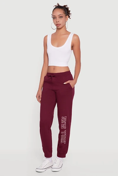 Womens New York Embroidered Graphic Drawstring Waist Joggers, Purple, Size M