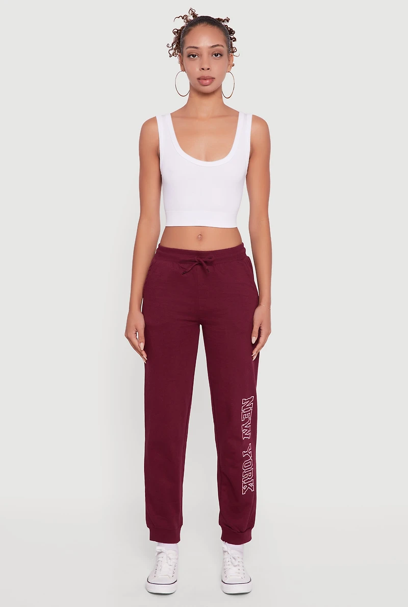 Womens New York Embroidered Graphic Drawstring Waist Joggers, Purple, Size S