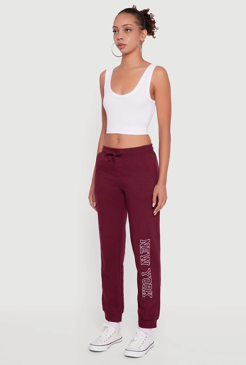 Womens New York Embroidered Graphic Drawstring Waist Joggers, Purple, Size XL