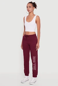 Womens New York Embroidered Graphic Drawstring Waist Joggers, Purple, Size S