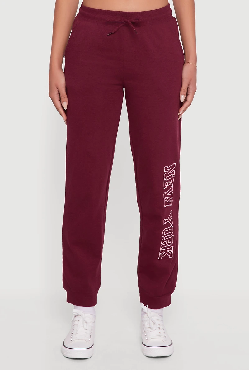 Womens New York Embroidered Graphic Drawstring Waist Joggers, Purple, Size XL